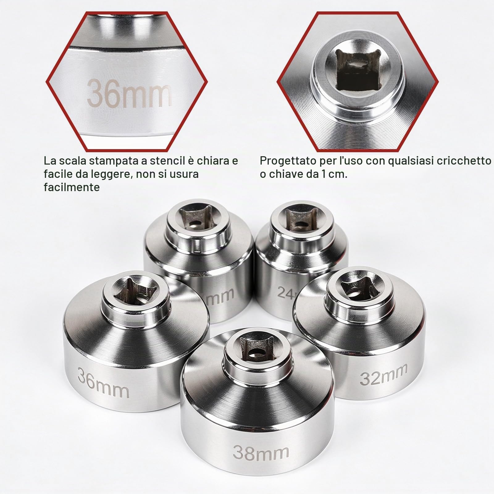 lalago Set di Chiavi per Filtro Olio 5 Pezzi, Chiavi a Tazza per Filtro Dell'olio, Chiave Esagonale da 3/8", in Acciaio al CR-V, Strumento di Rimozione Presa Filtro Olio Auto (24, 27, 32, 36, 38mm)