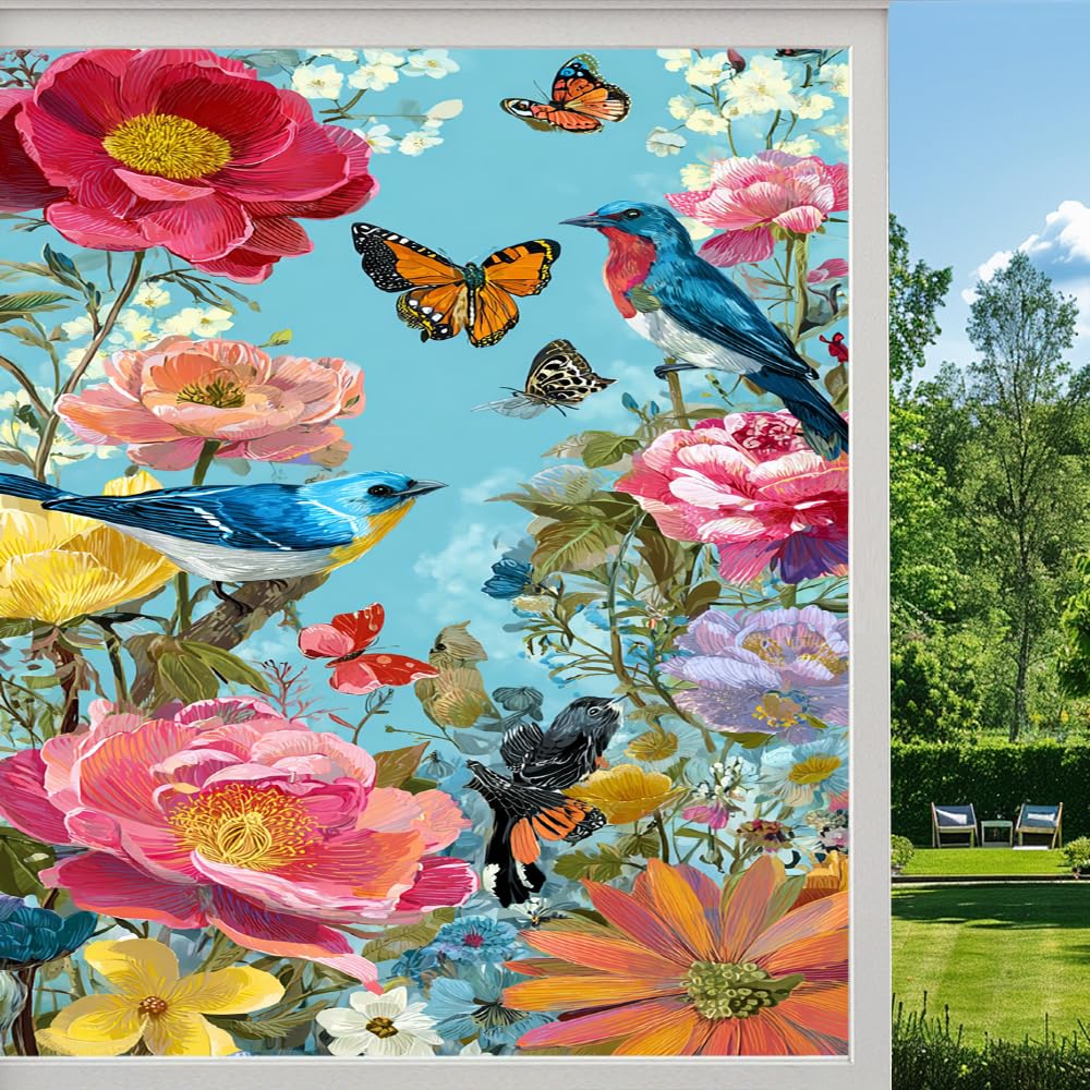 Retro Birds Privacy Window Film, Colorful Butterflies Garden Frosted Self-Adhesive Vinyl Cling for Glass Doors Bathroom Windows Sun Blocking Heat Control, （80x140cm）
