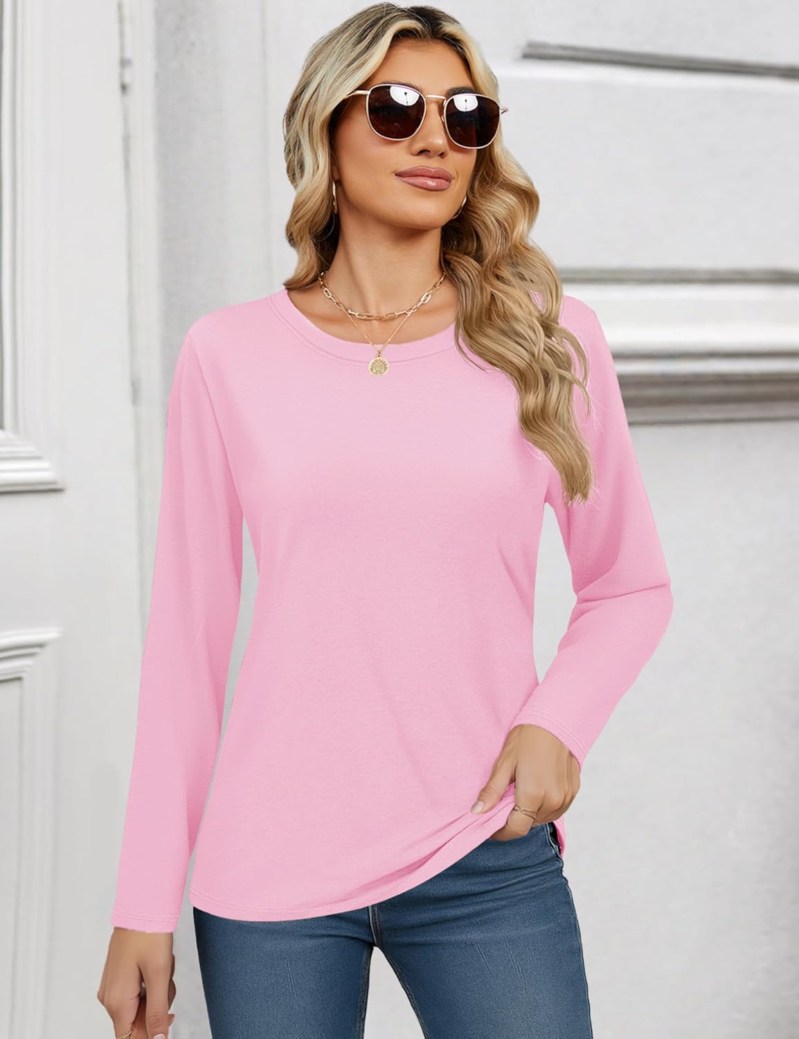 YUCOLEN Women's Cotton Long Sleeve Shirts Crewneck Cotton Basic T-Shirt Solid Color Soft Comfy Casual Tops Tees for Women - Image 2