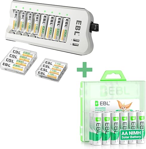 EBL Cargador de batería inteligente con 2 puertos de carga USB y pilas recargables AA AAA Combo