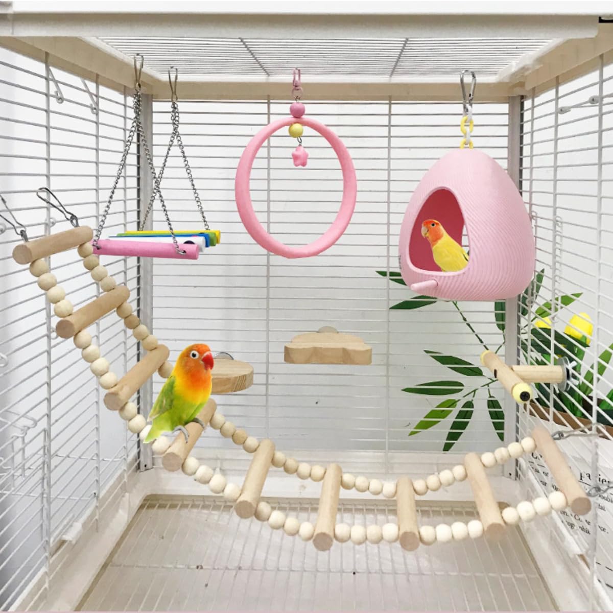 7-Piece Parrots Toy Set - Natural Wood Ladder, Colorful Swing Ladder, Bird Perch Stands, Bird House with Perch, Cage Accessories for Parakeets, Cockatiel, Conure, Lovebird, Quaker
