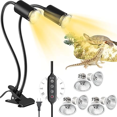 Glovv Lámpara de calor de reptiles con abrazadera, paquete de 6 lámparas de calor de tortuga UVAUVB luz 255075 W, temporizador giratorio de 360 de