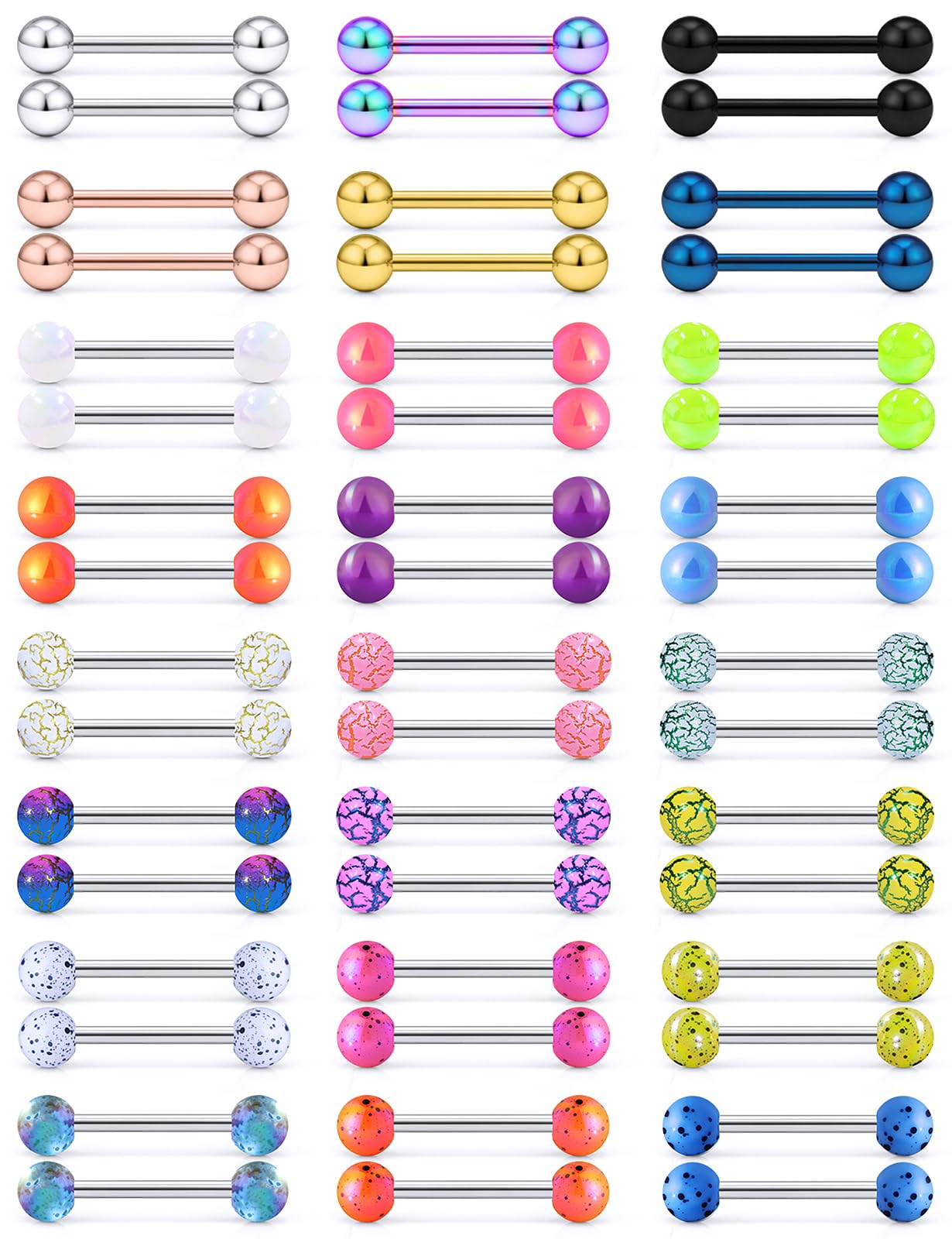 Vsnnsns 24 Pairs 14G Tongue Rings Nipple Piercing Jewelry Surgical Steel Straight Barbell Tongue Rings Glow in Dark Nipple Piercing Jewelry for Women