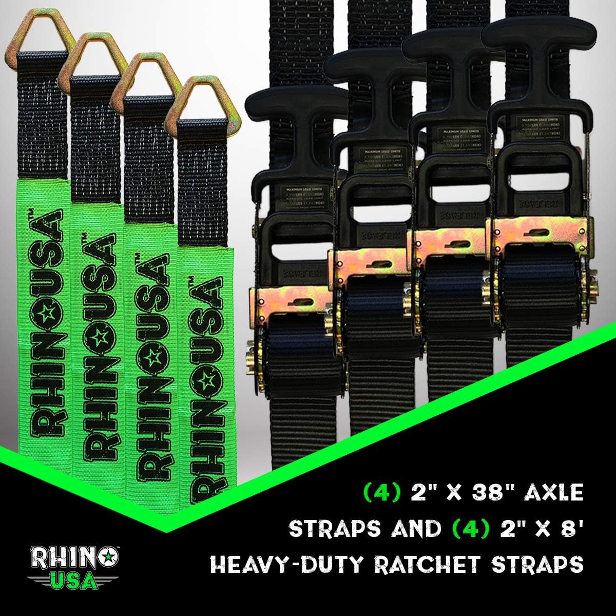 Rhino USA Car Trailer Ratchet Straps Kit - 11,128lb Guaranteed Break Strength - Use for Car, Truck, UTV & More - (4) Premium 2" x 8' Ratchet Straps with Padded T-Handles + (4) Axle Straps Tie Down Black & Green