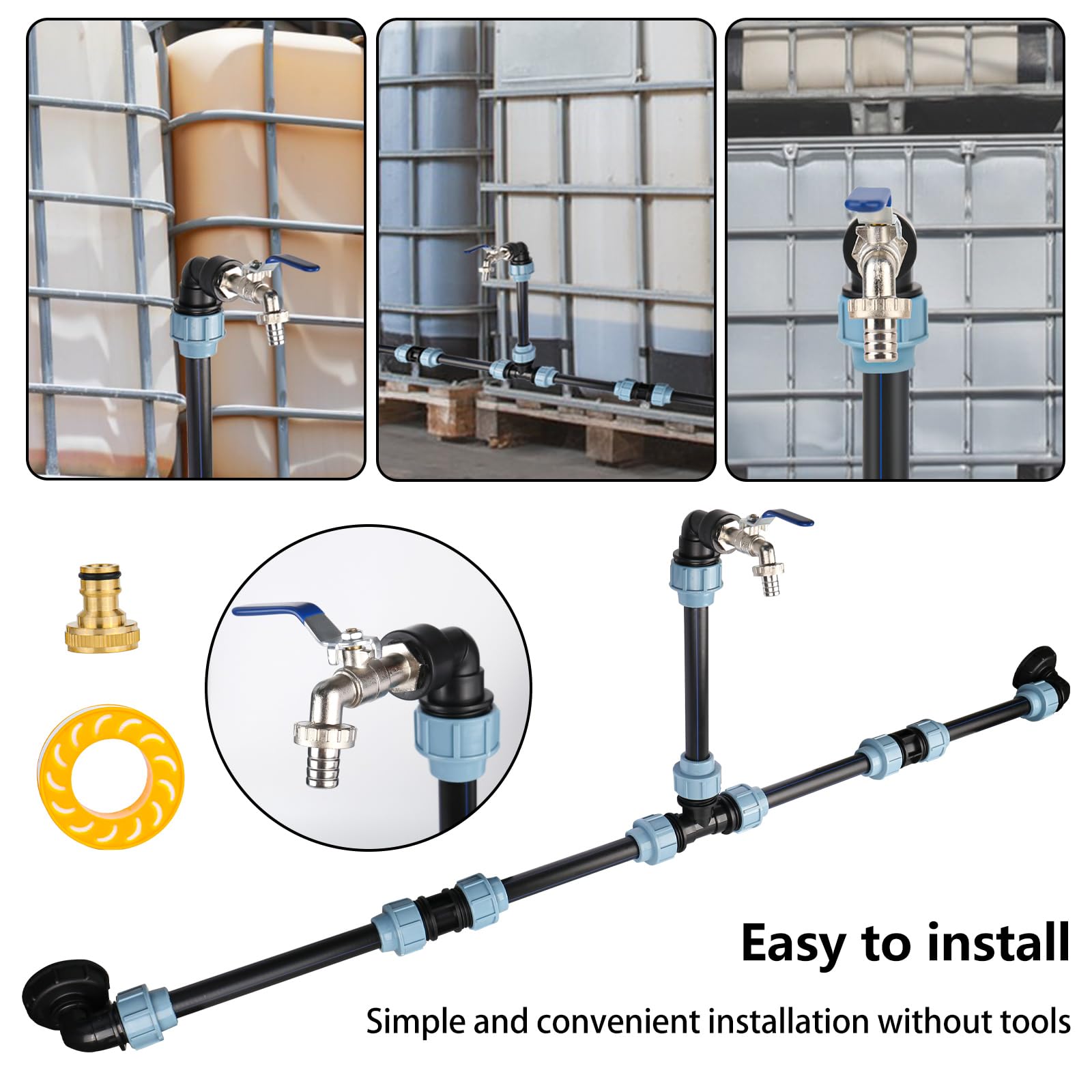 Ibc adapter z mosiężną łabędzią szyją, kran S60 x 6, kurek odcinający 3/4 cala, do 2 zbiorników IBC obok siebie/zbiorników na deszczówkę w zestawie, akcesoria do zbiornika IBC, zbiornik na wodę