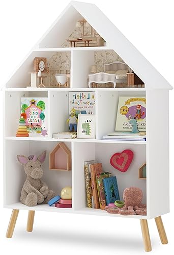 Miniatura 22 de Curipeer Estantería de casa de muñecas para niños y almacenamiento para bebés, estantería de madera para casa de muñecas con organizador de Color de