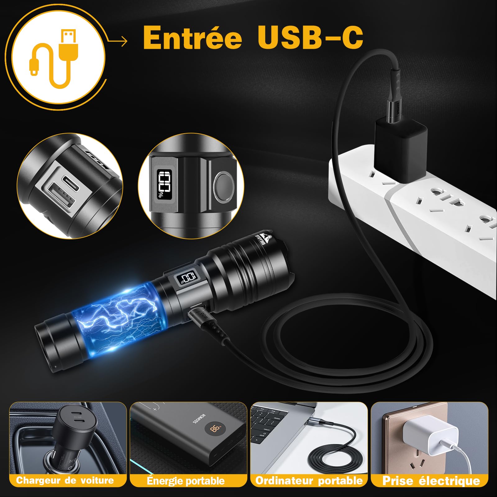 Lampe Torche LED Ultra Puissante, 1000000 Lumens Lampe De Poche, Lampe Torches Rechargeable USB, Lampe De Poche LED Ultra Puissante, Lampe Torche Tactique Longue PortéeIPX6 Étanche Pour Camping