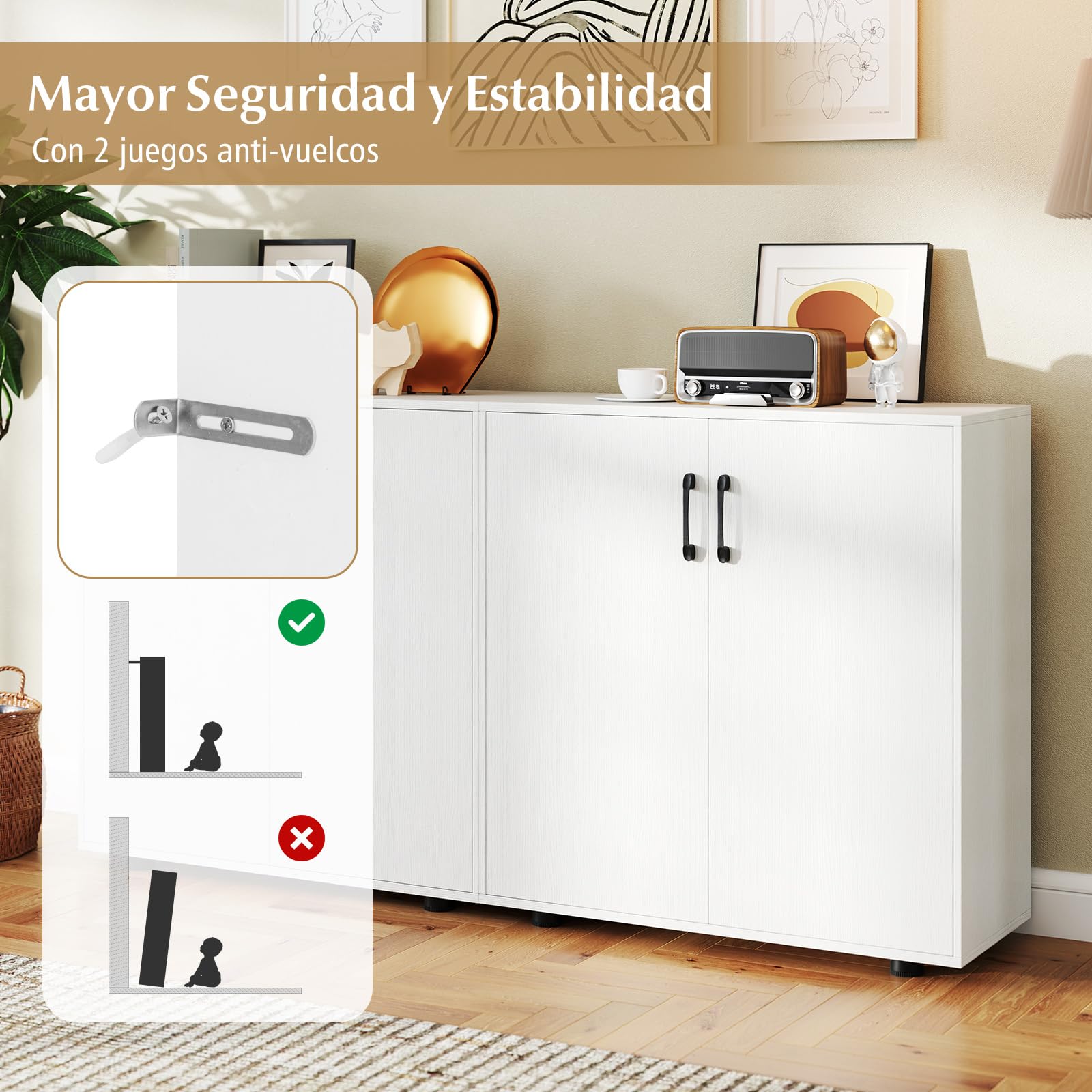 COSTWAY Armario de Almacenamiento de 2 Puertas, Armario Aparador Cocina con Estante Ajustable de 5 Posiciones, Armario de Almacenaje Independiente para Zapatos con 2 Kits Antivuelco