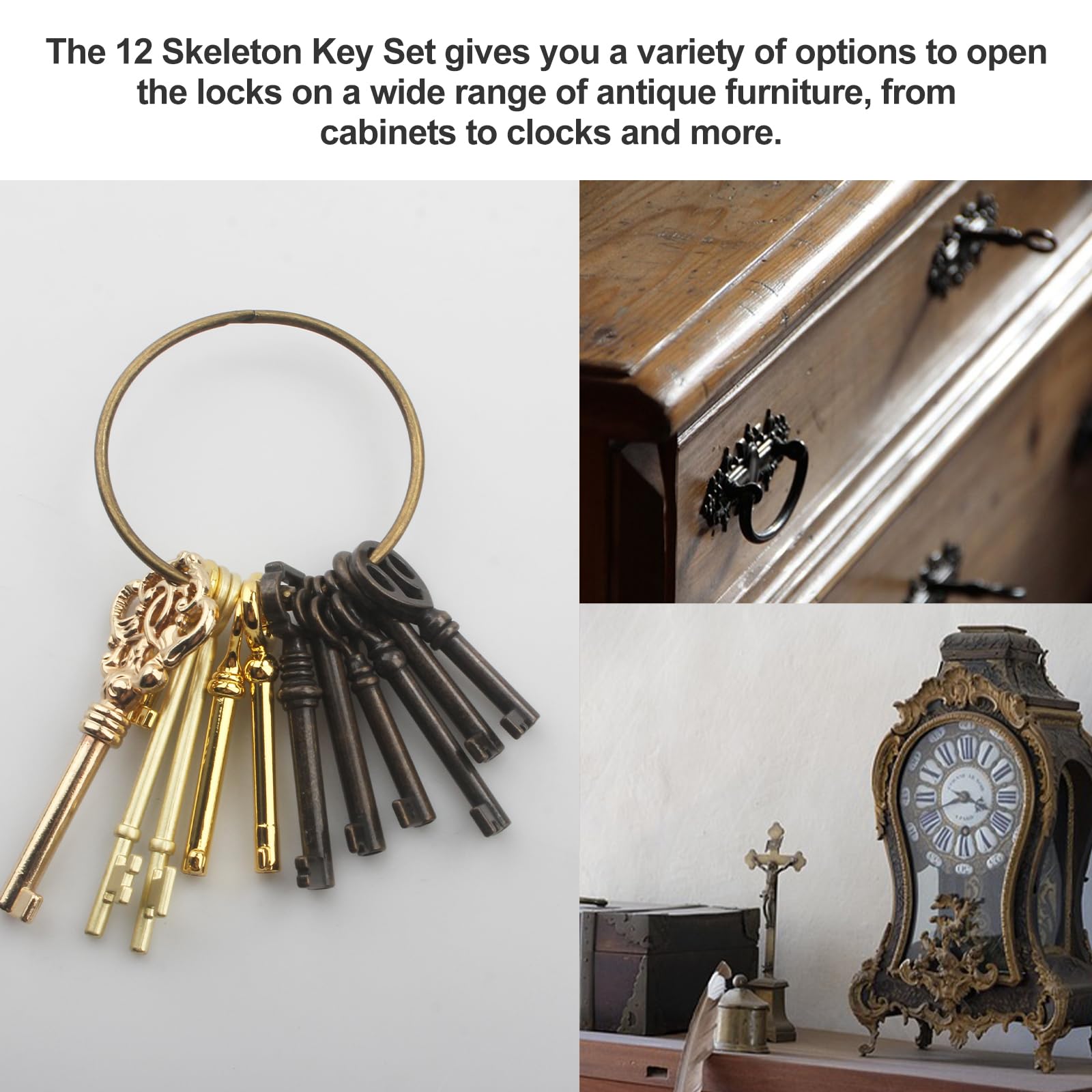 12pcs Skeleton Key Set, Universal Vintage Keys Kit Hollow Barrel