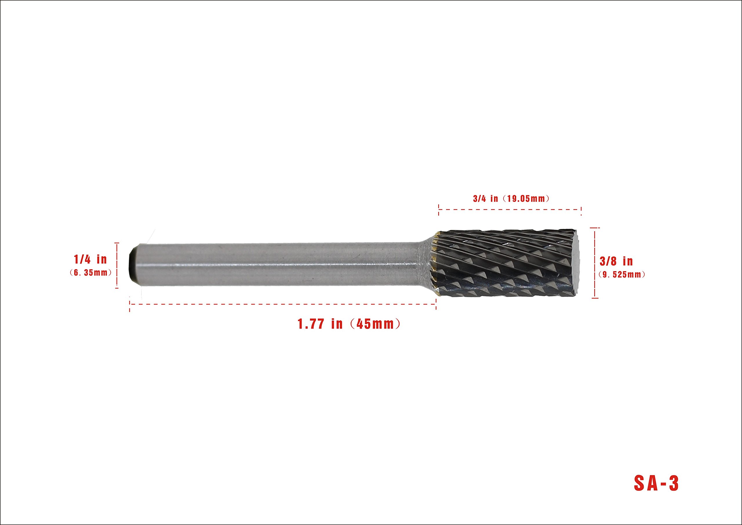 SA-3 Tungsten Carbide Burr Cylinder Shape Double Cut Rotary Burr File(3/8” Cutter dia X 3/4”Cutter Length) with 1/4’’ Shank dia,1pcs — Amazon image 3