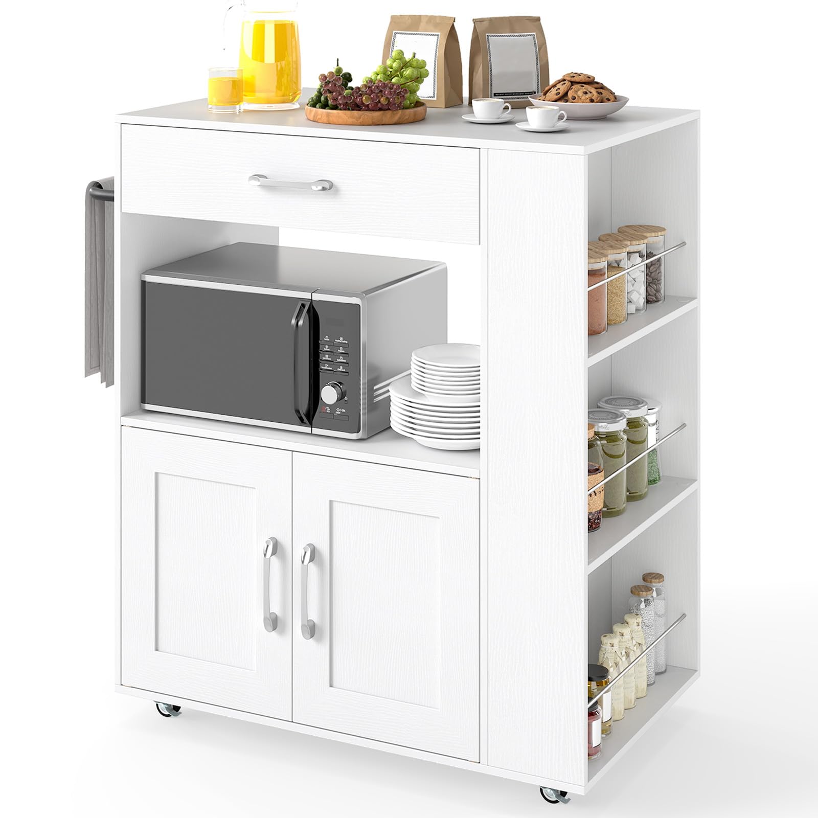 COSTWAY Desserte de Cuisine sur roulettes (2 Verrouillables), îlot de Cuisine avec 3 Support à Épices, Chariot de Service Armoire 1 Tiroir Étagère Ouverte, 46 x 75 x 90,5 cm (Blanc Pur)