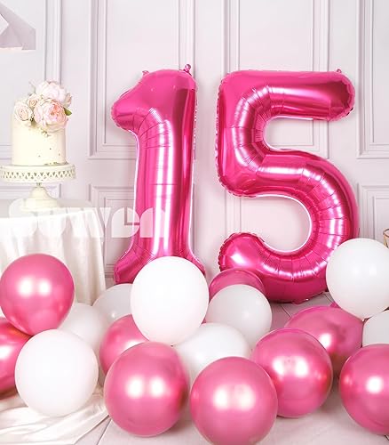 Miniatura 2 de SUWEN Globos grandes de 40 pulgadas, color rosa intenso, globos grandes de número 15 de helio, globos de helio del 0 al 9, decoraciones de fiesta de