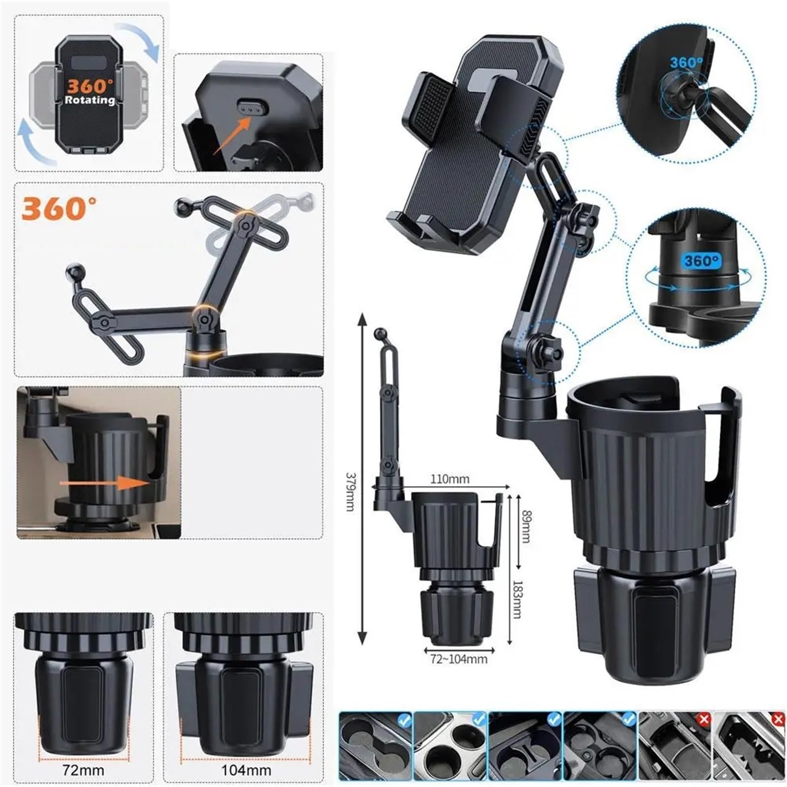 portacaffè Supporto Per Telefono Per Tazza Da Auto 2 In 1 Base Regolabile Supporto Per Rotazione Per Smartphone A 360 Gradi Portabottiglie Per Interni Di Automobili