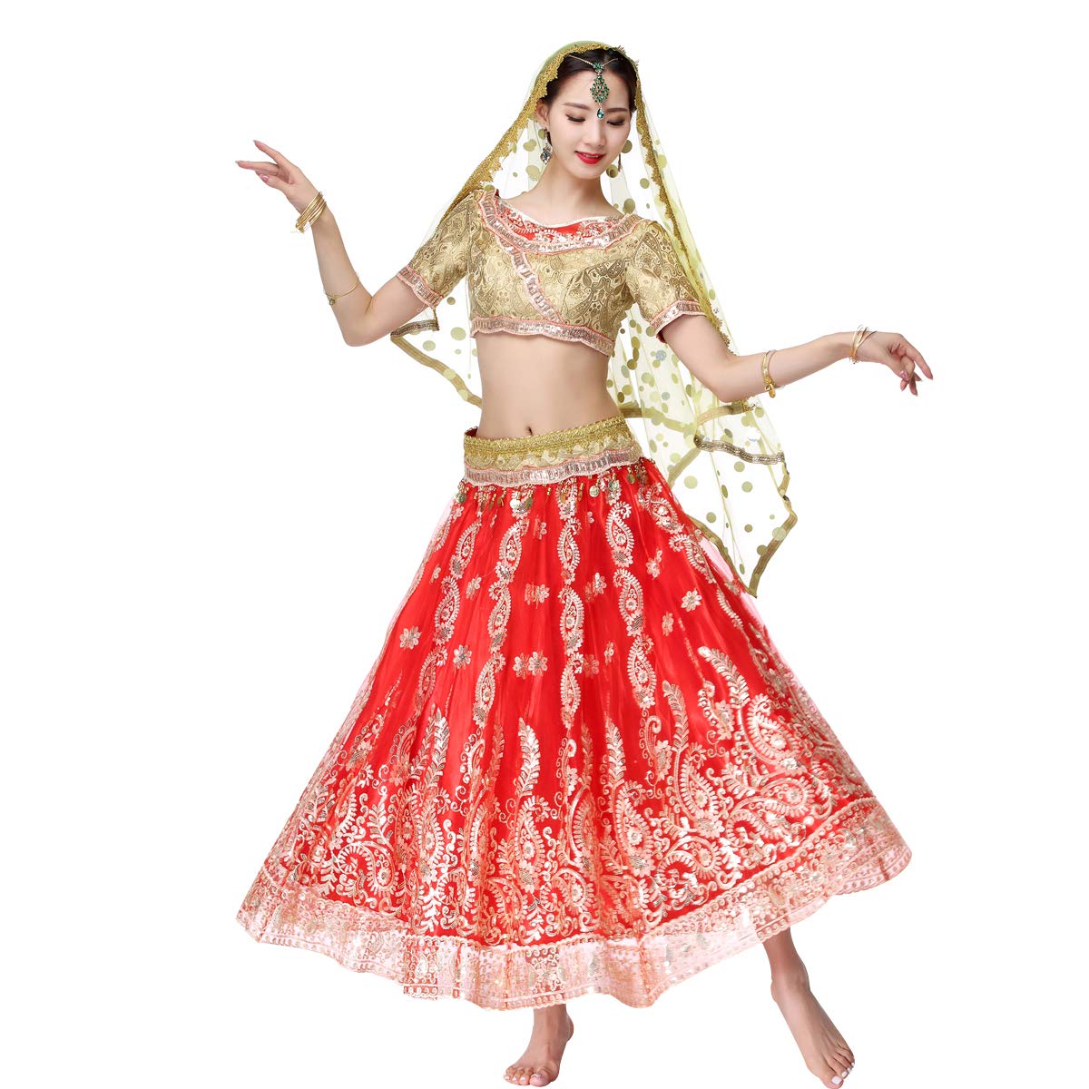 Belly Dance Bollywood Costume - Sari Noble Indian Dance Outfit Halloween Costumes with Head Veil for Women 4 Pieses(Red,Medium)