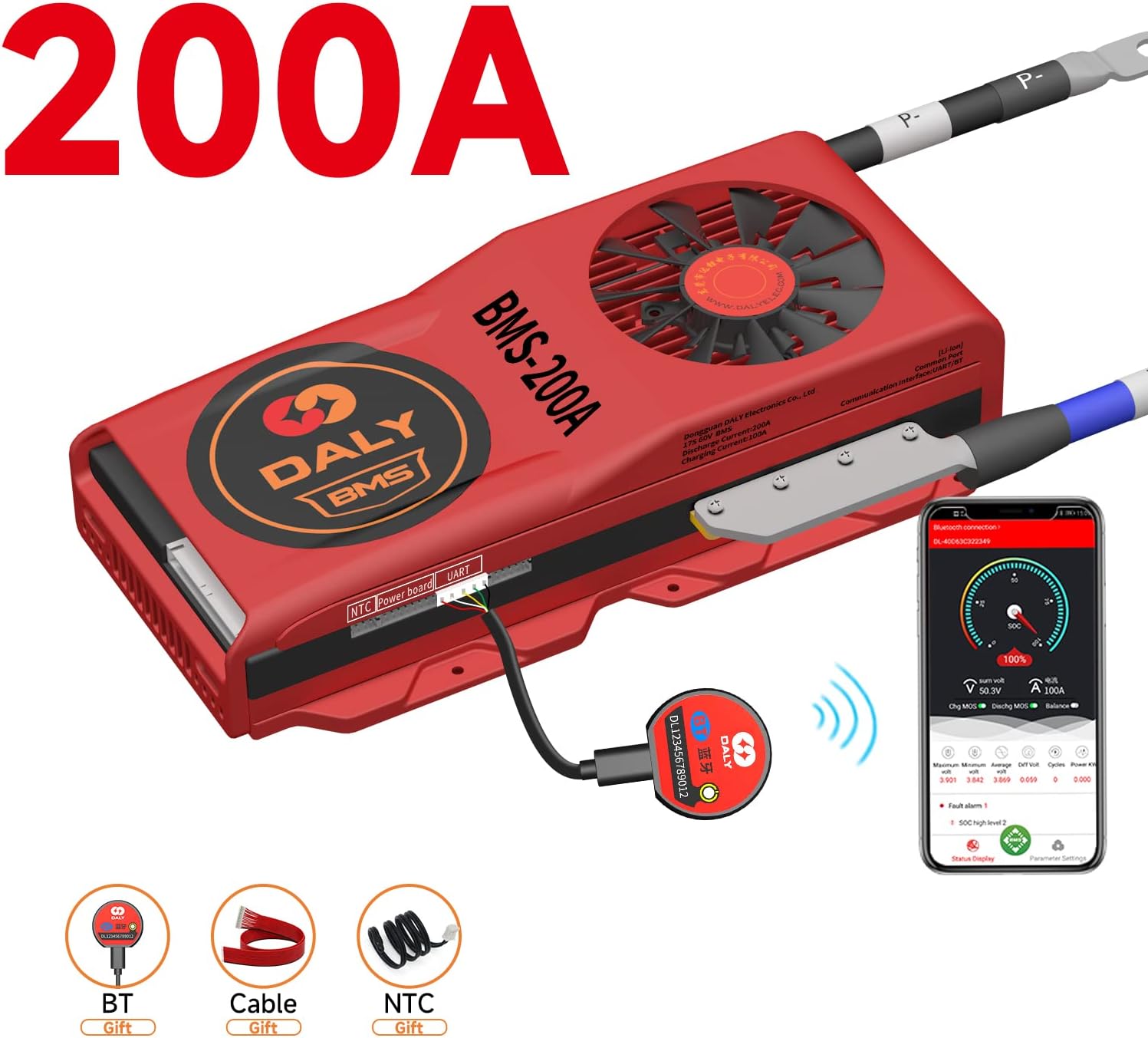 DALY Smart BMS Li-ion 60V 17S 200A with Cooling Fan, with Visible Data Monitoring App Bluetooth Module, UART Communication for Rated 3.7V Lithium Battery Pack Management
