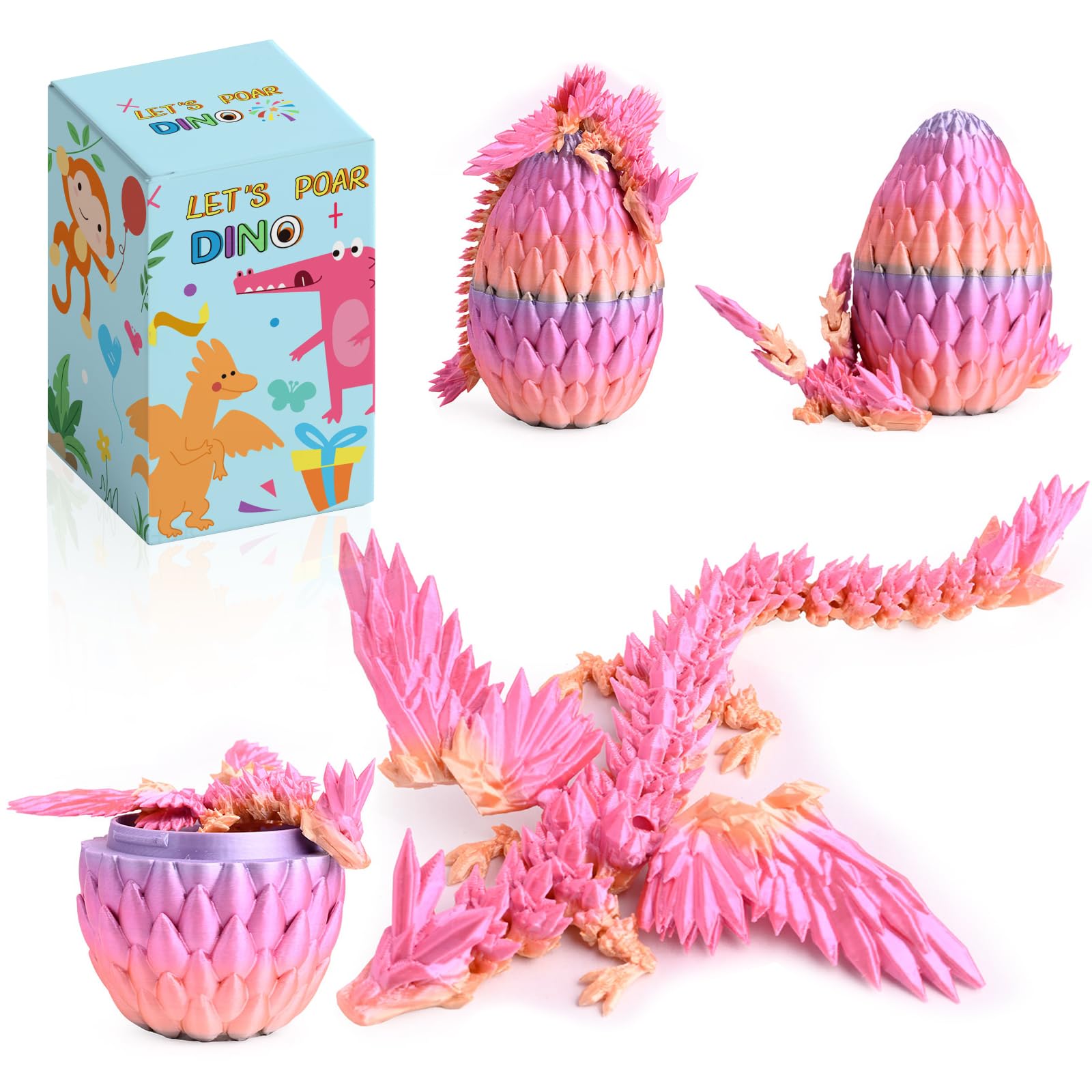 3D Printed Dragon Egg, Crystal Dragon in Dragon Egg, Flying Fidget Dragon Toys with Wings, Dragon Eggs with Dragon Inside, Flexible Articulated Dragon Figure Decor for Home Office Car Desk (rainbow)