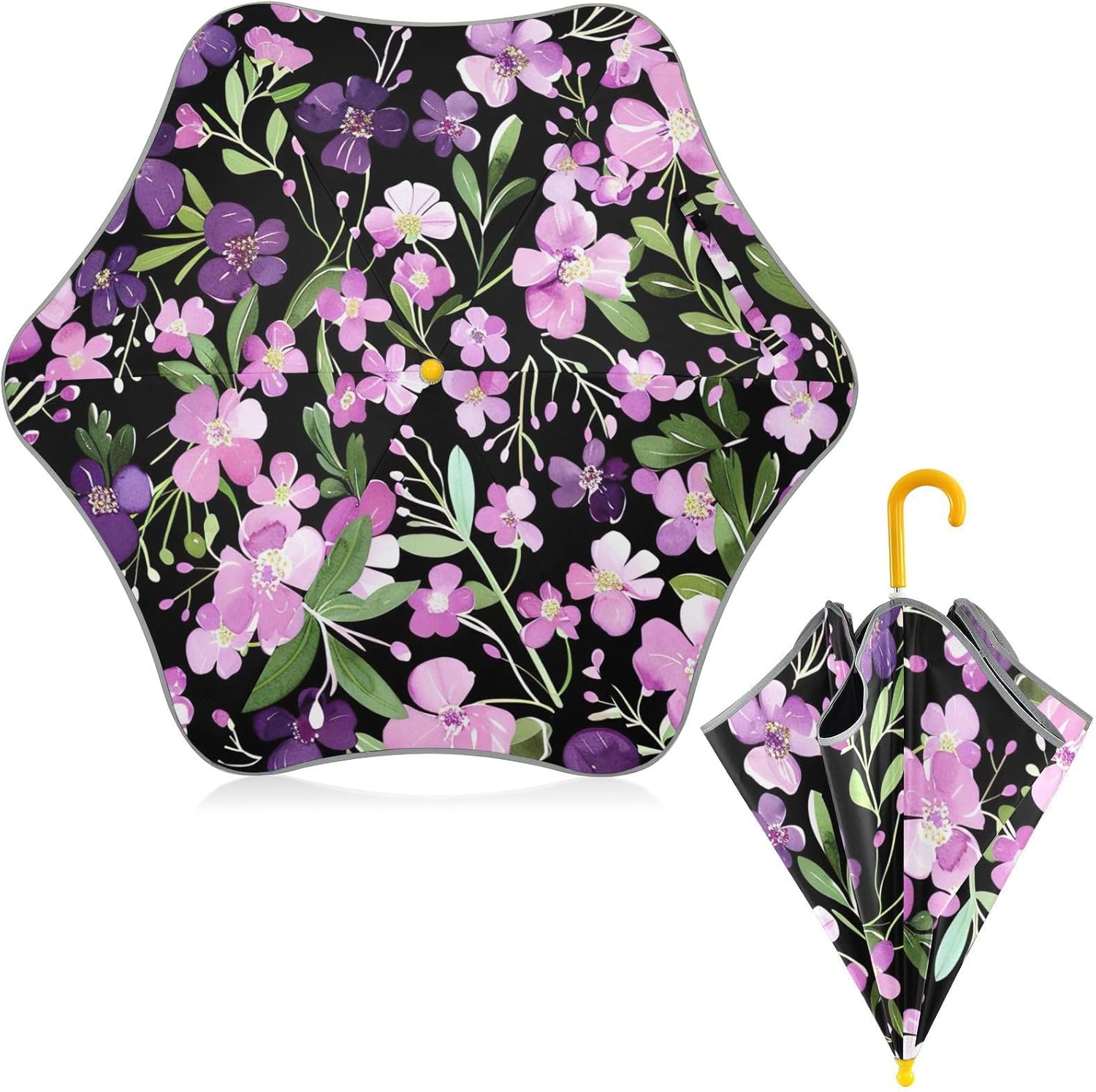ODAWA Kids Umbrella Purple Flowers Black J Handle Golf Stick Umbrella, Portable Umbrellas for Rain