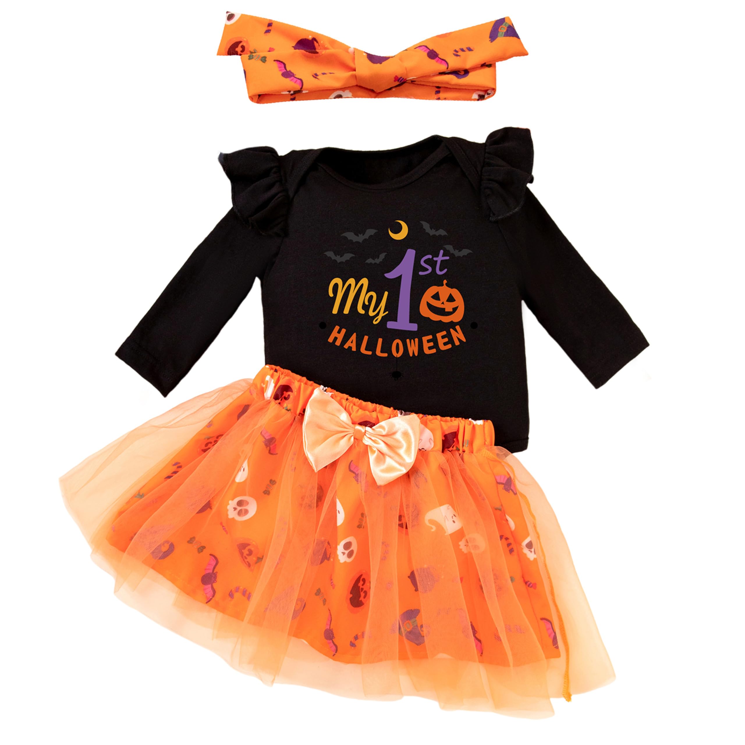 LIKPOJA Newborn Baby Girls My 1st Halloween Outfit Pumpkin Romper dress Tutu Skirt + Bow Headband for Toddler Baby Girls Halloween Gifts Clothes Set Bodysuit(Halloween Tutu G,3-6 Months)