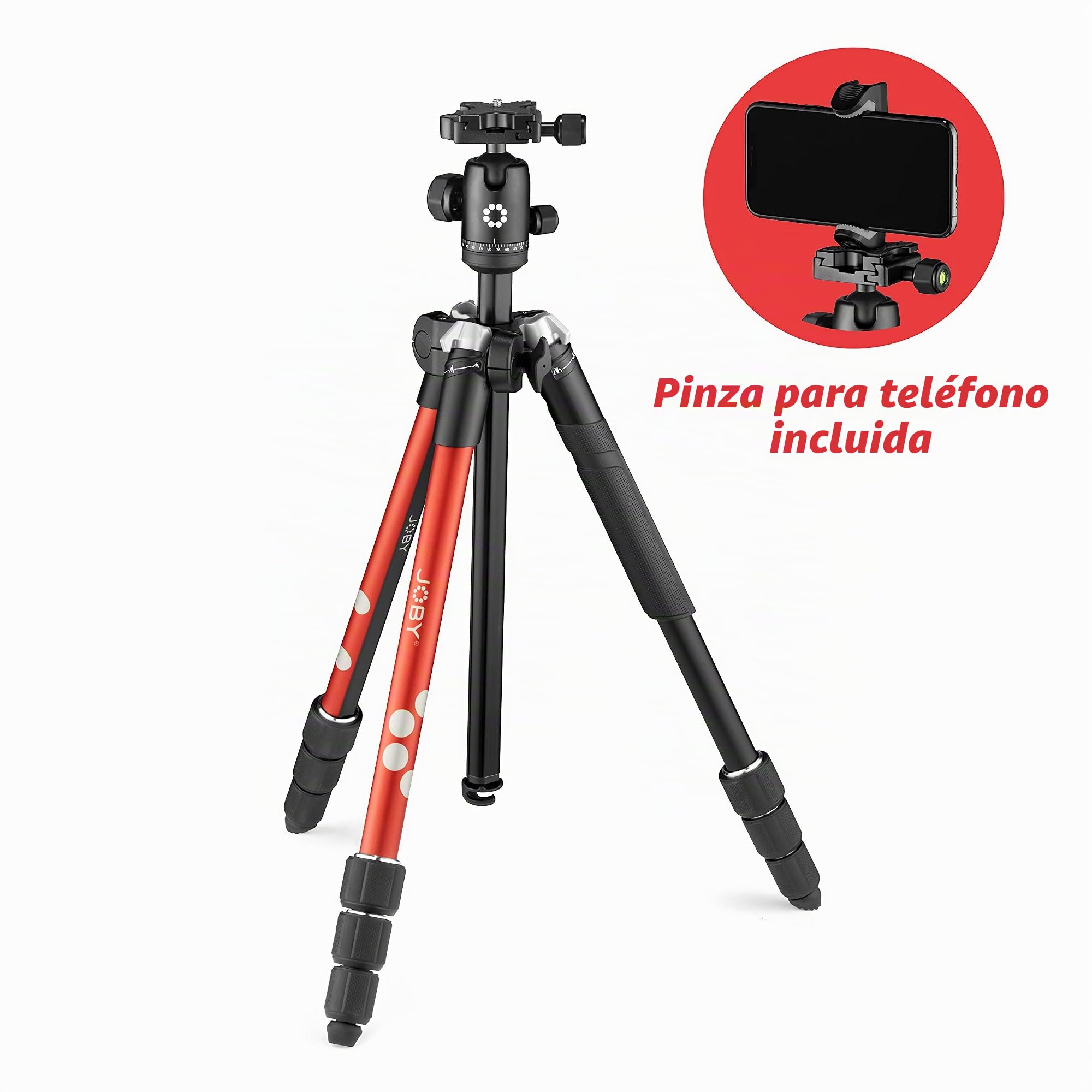 JOBY RangePod - Trípode de Viaje en Aluminio para Cámara/Smartphone con Soporte, Pinza Universal y Bolsa de Transporte, CSC, DSLR Sin Espejo, Rojo para Fotografía, Vídeo, Vlogging, Streaming, Youtube
