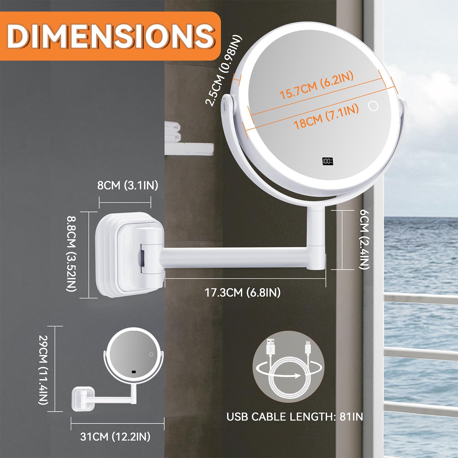 Auxmir Specchio Trucco con Ingrandimento 30X/1X, Specchio da Parete a LED Con o Senza Foratura, Estensibile e Rotazione a 360°, 3 Colori di Luce Regolabile, Ricaricabile 2000mAh per Bagno Hotel Spa