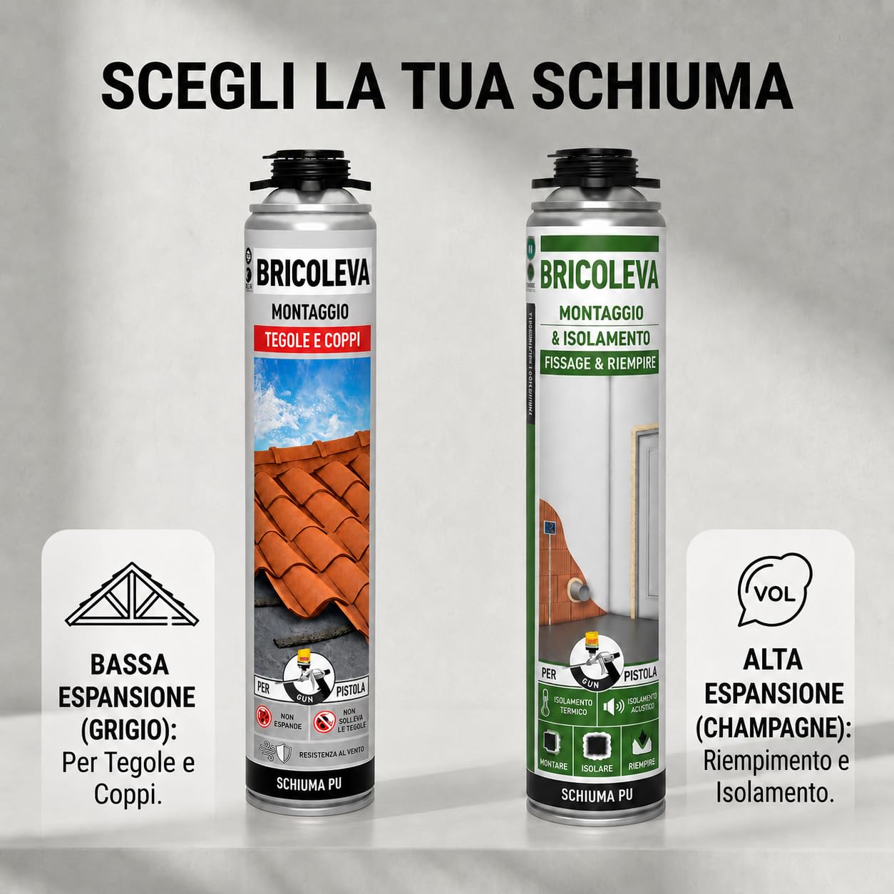 BRICOLEVA Set 12 Schiuma Poliuretanica per Pistola da 750 ml - Isolamento Termico e Acustico, Alta Espansione Colore Champagne - Sigillante Poliuretano Espanso per Riempimento Fessure (12 Pezzi)