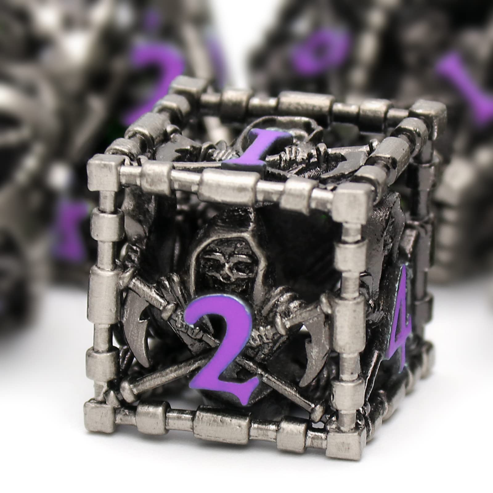 HNCCESG Juego de Dados de Metal D&D, Dungeons and Dragons Dice Juego de Dados de Metal Poliédricos Parca Huecos para Juegos de rol D y D para Juegos de Mesa (Parca Número Morado)