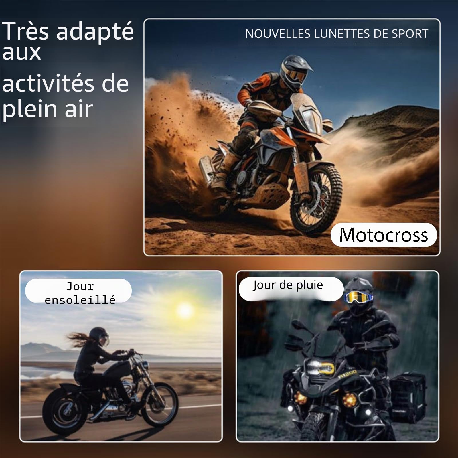 Lunettes de motocross, lunettes de motocross coupe-vent et étanche à la poussière, lunettes de ski, lunettes de cross pour dirt bike, lunettes anti-buée et UV pour ski, lunettes de course tout-terrain