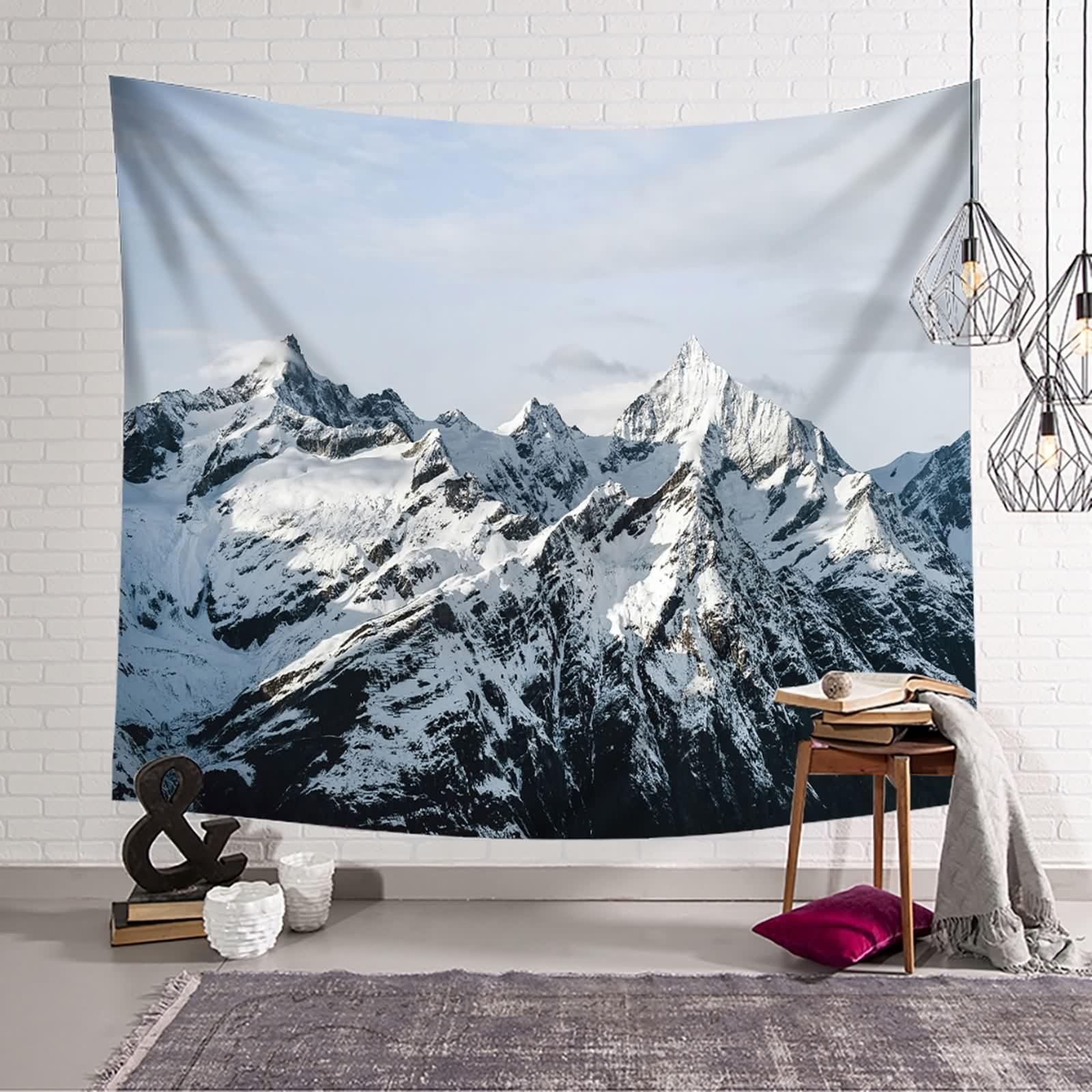 Wandteppich XXL Landschaft, Wall Tapestry Vintage Schneeberg Weiß Schwarz Polyester Deko 300x256cm