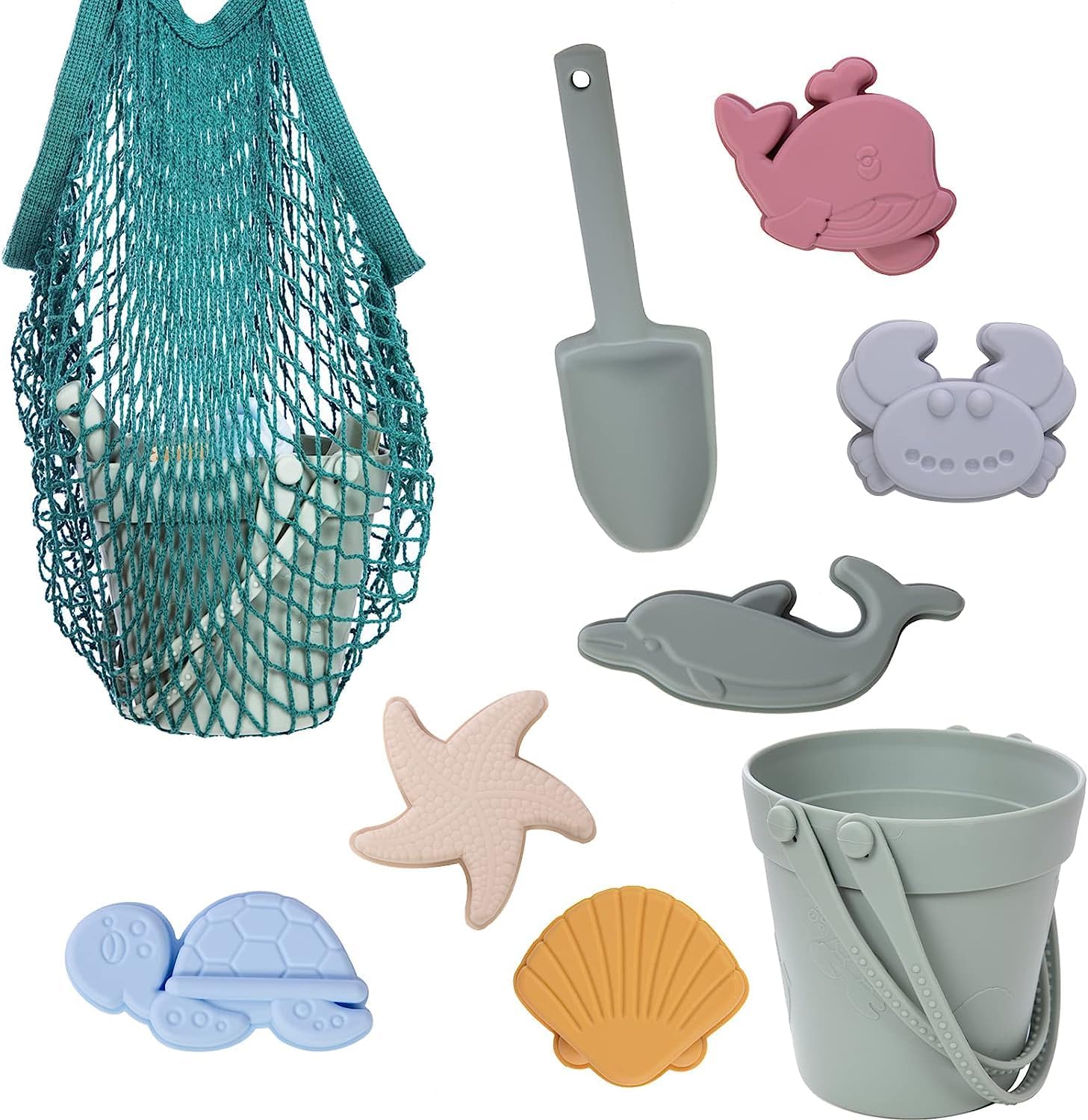 Exclusive | Silicone Beach Toys for Kids 3-10, Beach Shovel, Beach Bucket, 3D Silicone Marine Theme Beach Toys, 9PCS Summer Outdoor Playset, Sand Toys Set Sandbox for Toddlers, with Mesh Beach Bag 2026