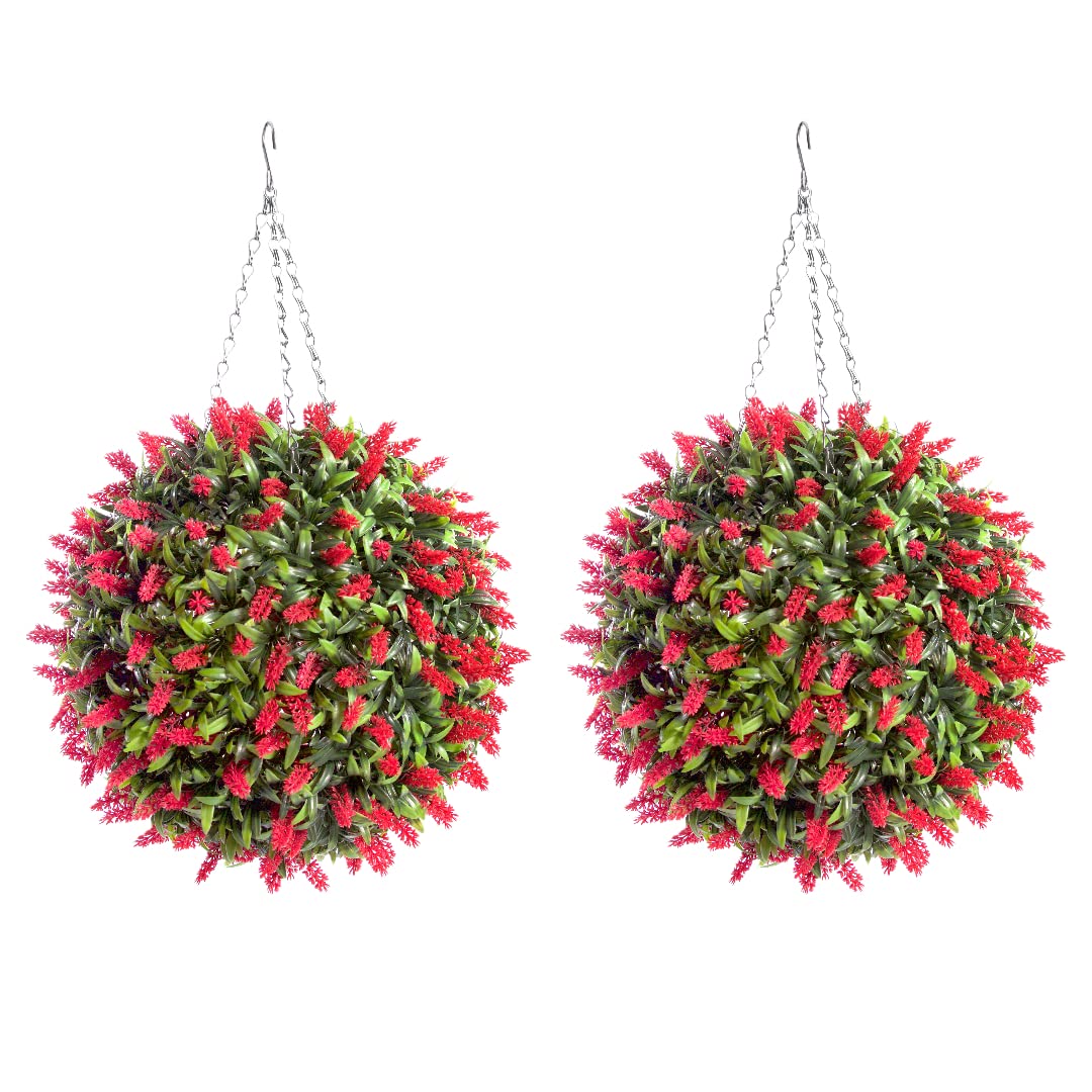 2 Meilleur Artificial (TM) 40cm Lush Red Long Leaf Lavande Pendentif Flower Balls Topiary Grass ** UV Fade Protected **