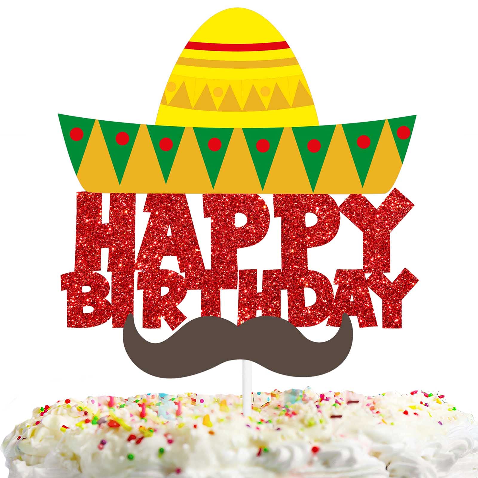 Mustache Sombrero Happy Birthday Cake Topper Red Yellow Glitter Mexican ...
