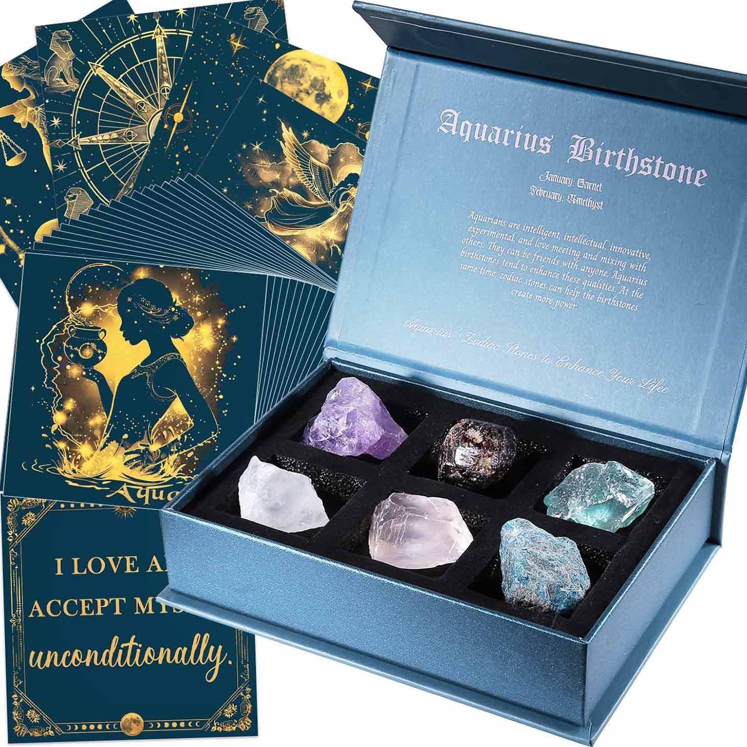 Faivykyd Aquarius Crystals Gift for Women - 6 Aquarius Zodiac Stones w/ 50 Miracle Mantras Affirmation Cards, Healing Astrology Gifts for Promoting Positive Energy, Self-Care & Love
