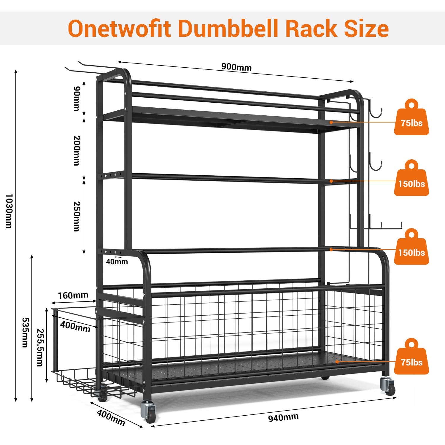 ONETWOFIT Portapacchi e organizer per manubri, kettlebell, supporto per la casa e la palestra, per tappetino da yoga, palla da yoga, rullo in schiuma, Barra di trazione