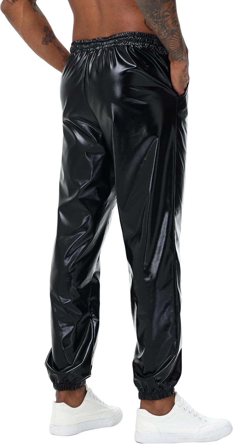 Mens Gold Metallic Shiny Rave Night Club Pants Comfort Sweatpants Disco Dance Party Elastic Trousers - Image 2