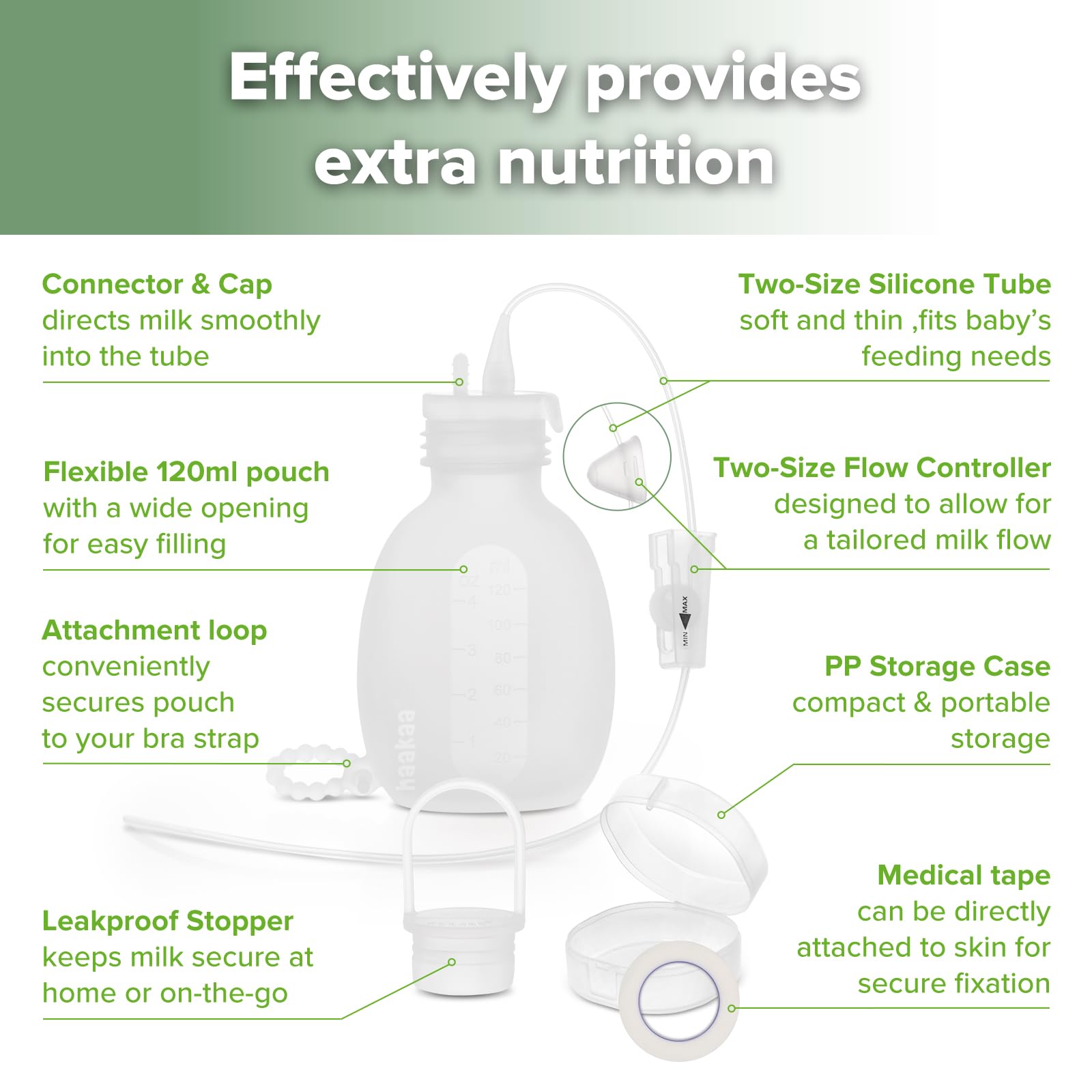 haakaa Baby Supplemental Nursing System for Stillen, Silikon Baby Fütterungsschlauch & Beutel Set, Brustergänzungsmittel mit Dual Tube Flow Control, Lebensmittelechtes Silikon