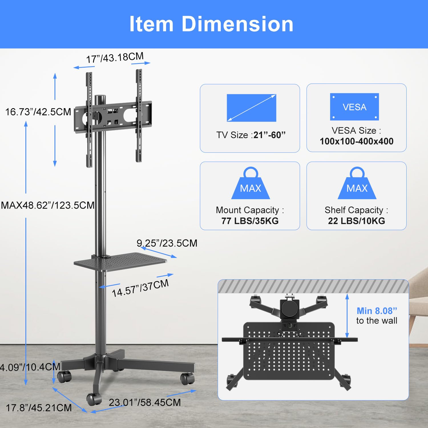 suptek TV Ständer mit Rollen, TV Ständer Rollbar für 21–60 Zoll LCD/LED Fernseher, TV Rollwagen mit Tablett, Höhenverstellbarer Fernsehständer mit Rollen, TV bis zu 35kg max. VESA 400 x 400mm