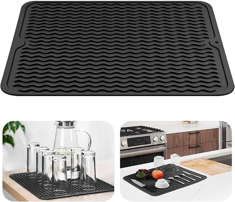 OSDUE Alfombrilla Escurreplatos de Silicona,50 x 40cm Alfombrilla Escurreplatos Plegable,Estera Para Lavar Platos Enrollable Antideslizante Resistencia a Altas Temperatura para Cafetera,Negro