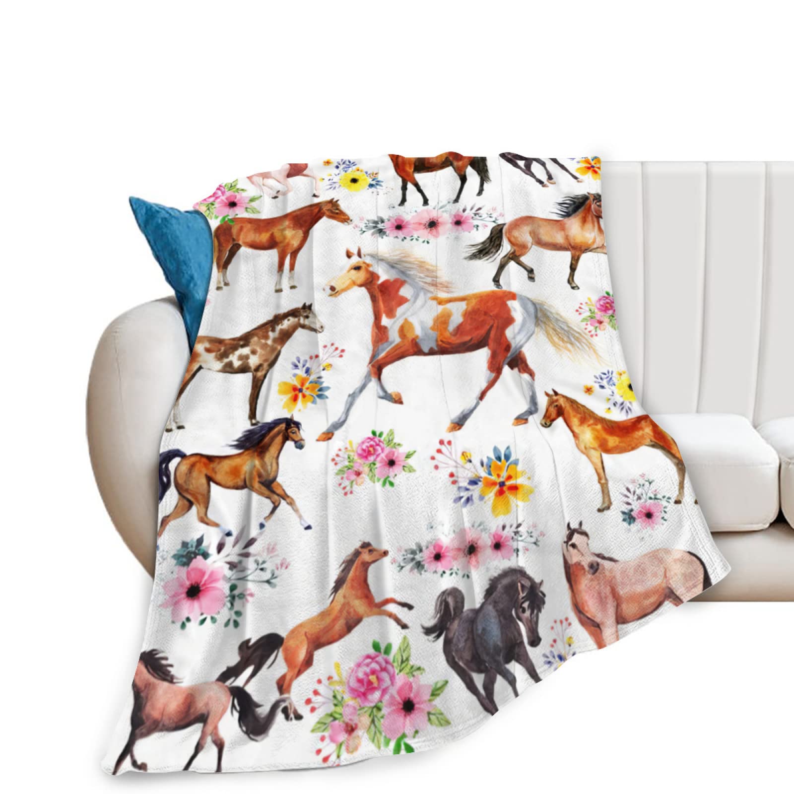 Horse Blanket Gifts for Girls Women Western Horses Flowers Animal Fleece Flannel Throw Blankets Soft Lightweight Horse Plush Stuff Florals Throws for