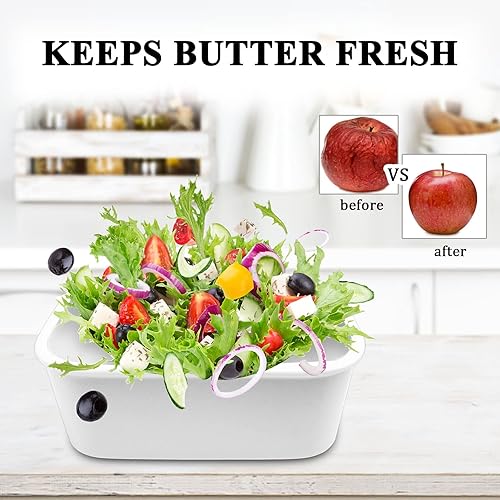 Miniatura 4 de Mantequillera, plato de mantequilla de cerámica con tapa y cuchillo, recipiente grande para mantequilla perfecto para 2 barras de mantequilla de