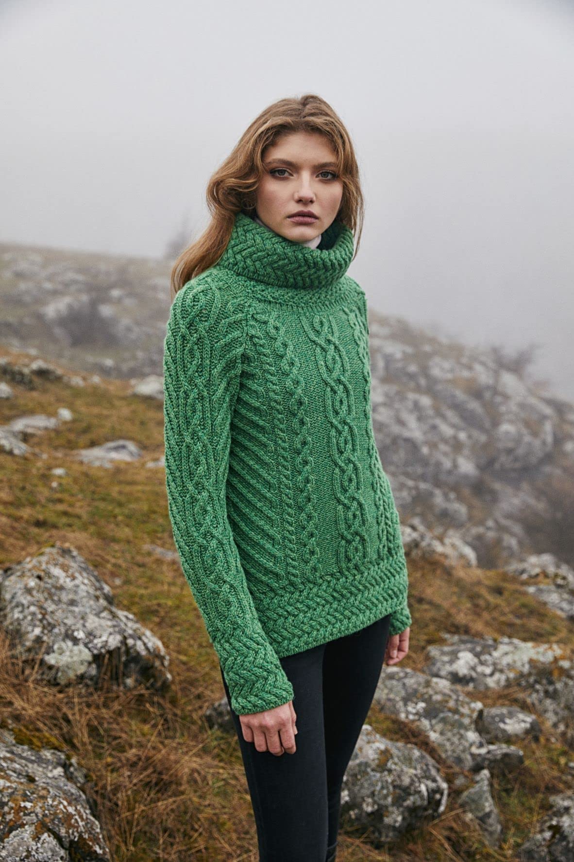SAOL Aran - Maglione irlandese da donna, realizzato in 100% lana merino, da pescatore irlandese, lavorato a maglia