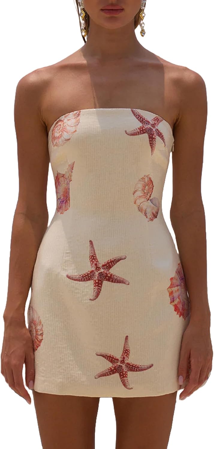 Strapless sequined floral print bodycon dress for summer beach party.