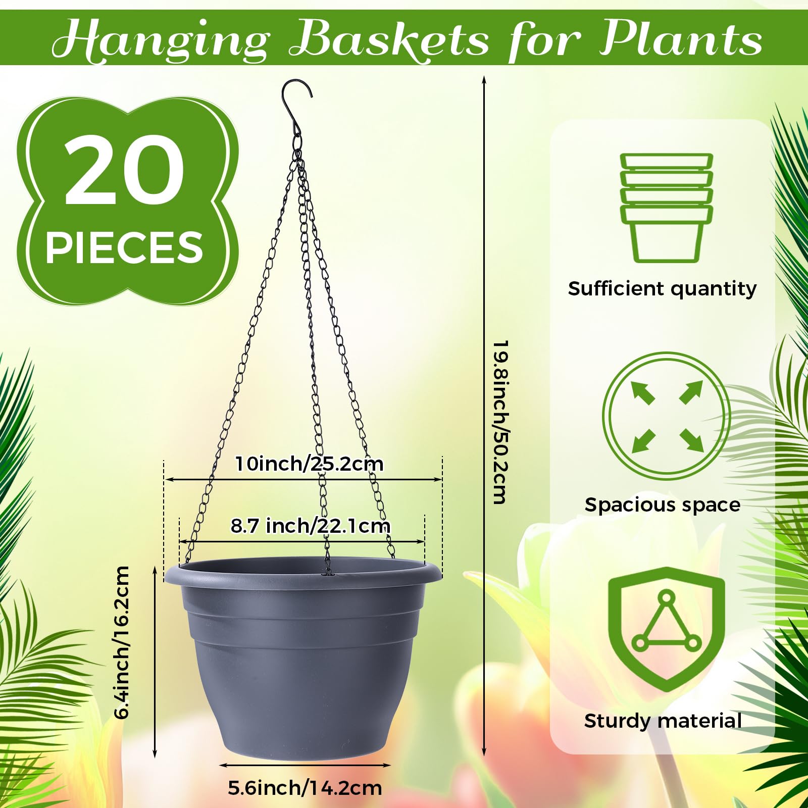 Lot de 20 pots de fleurs suspendus en plastique gris de 25,4 cm pour plantes avec plateaux de drainage, pot de fleurs à arrosage automatique pour jardin, balcon, porche, terrasse