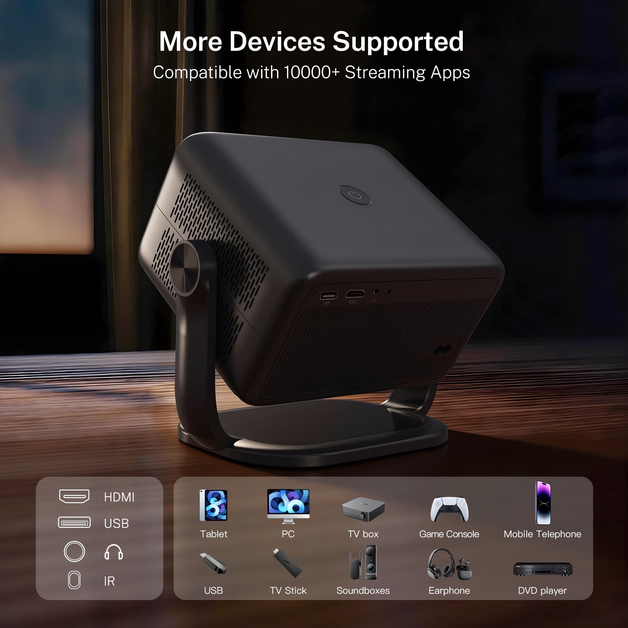 Proyector Inteligente 1080P Nativo 800 ANSI, Android 14, Soporta 4K/8K | Control Remoto Air Mouse, Enfoque y Corrección Automáticos por IA, WiFi 6 y BT 5.4, Audio Hi-Res, Compatible con Netflix