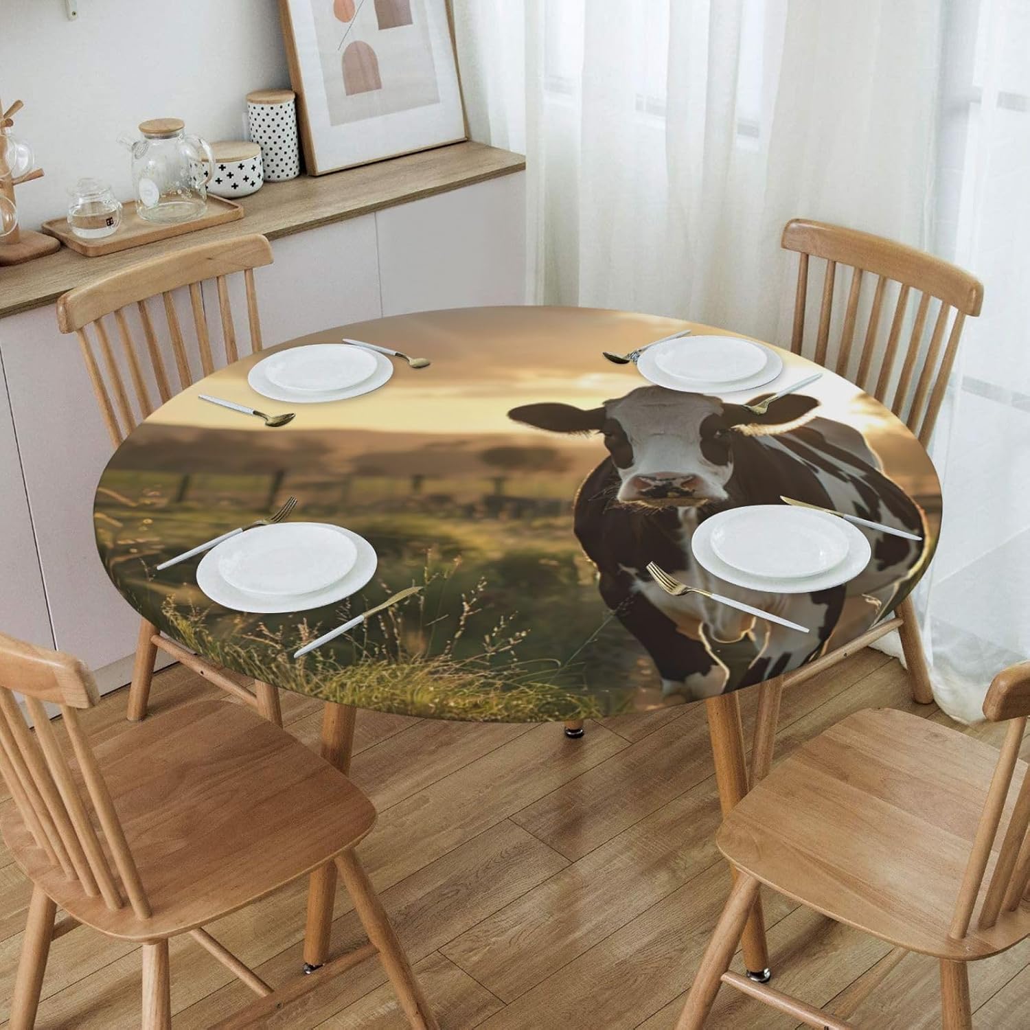Dairy Cow Print Outdoor Patio Kitchen Decor Supplies Wipeable Round Table Cloth for Indoor Outdoor
