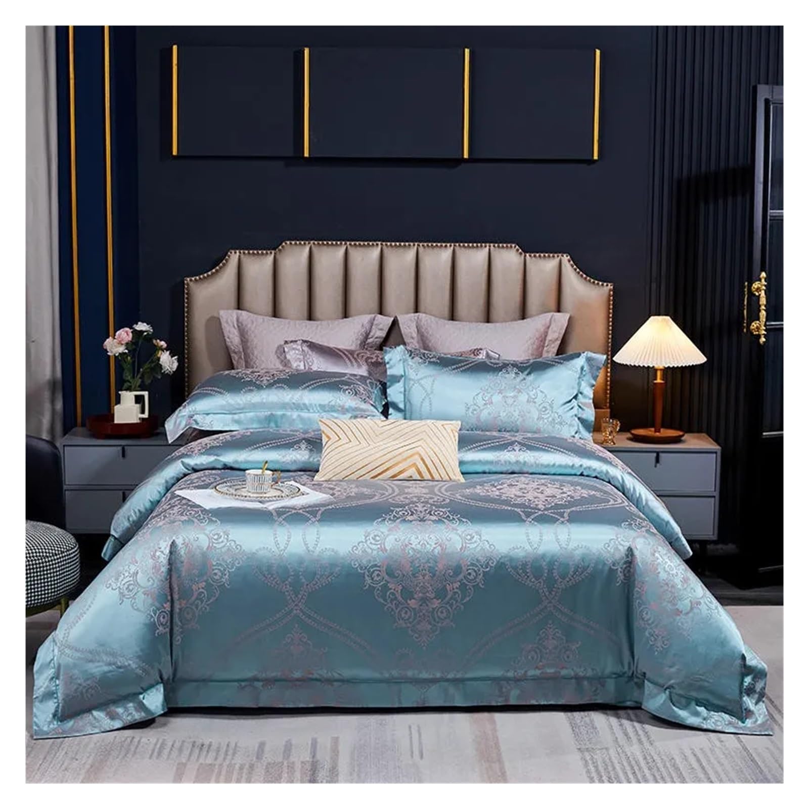 Sbcgfy B Satin Silk Duvet Cover Set Luxury 4Pcs Jacquard Soft Silky Quilt Cover Quilted Cotton Edspread Pillowcases Queen King,Cotton Duvet, Zq-11042,-Flat Ed Sheet_queen 4Pcs