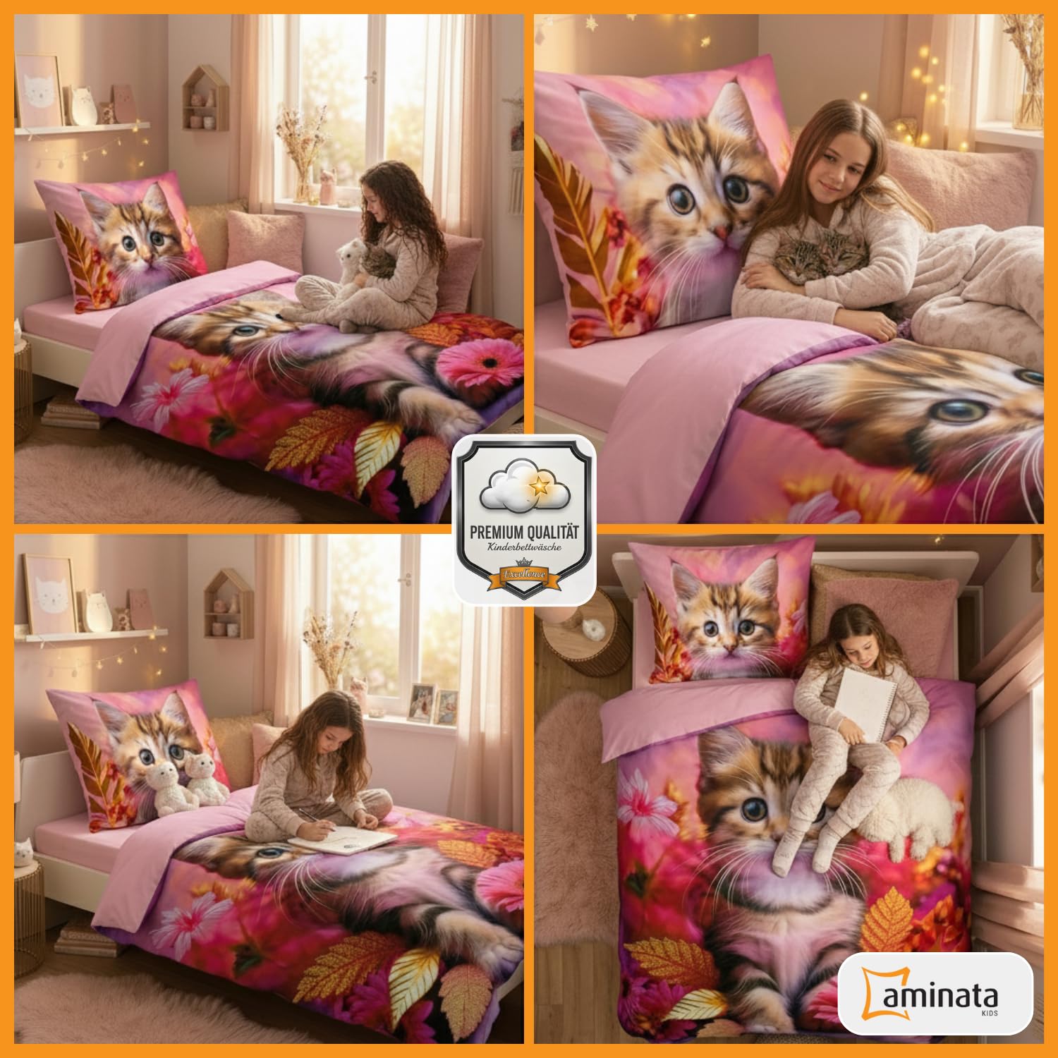 Aminata kids Bettwäsche Katze 135x200 Mädchen | Wende-Kinder-Bettwäsche-Set Katzen-Motiv | 100% Baumwolle | YKK Reißverschluss pink