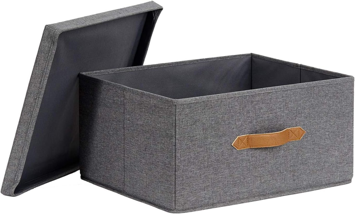 LOVE IT STORE IT Premium Storage Box with Lid - Made of Linen Fabric - Reinforced with Wood - Extra Large and Stable - Grey - 43 x 33 x 21 cm