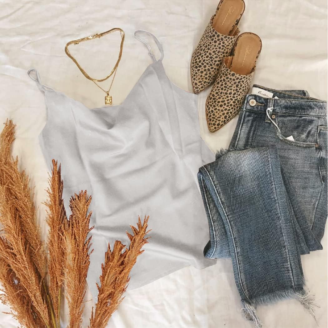 Aoulaydo Women's Spaghetti Straps V Neck Satin Camisole Cowl Neck Cami Tank Top Silk Camisole Sleeveless Blouses - Image 4