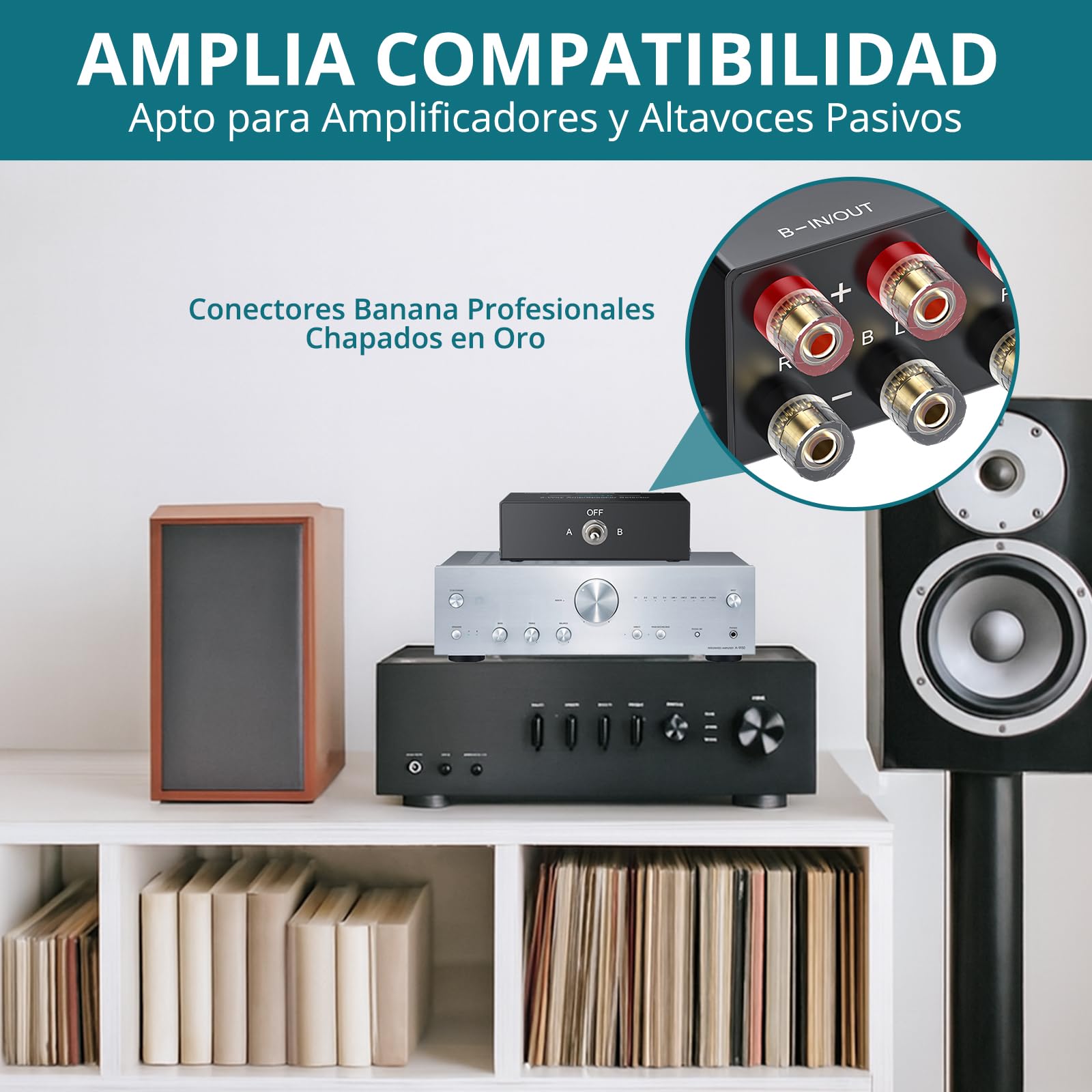 Conmutador de Audio Amplificador de 2 Vías 2(1)-Entrada-1(2)-Salida | 1/2 Interruptor Selector Conector Banana Dorado para Home Stereos