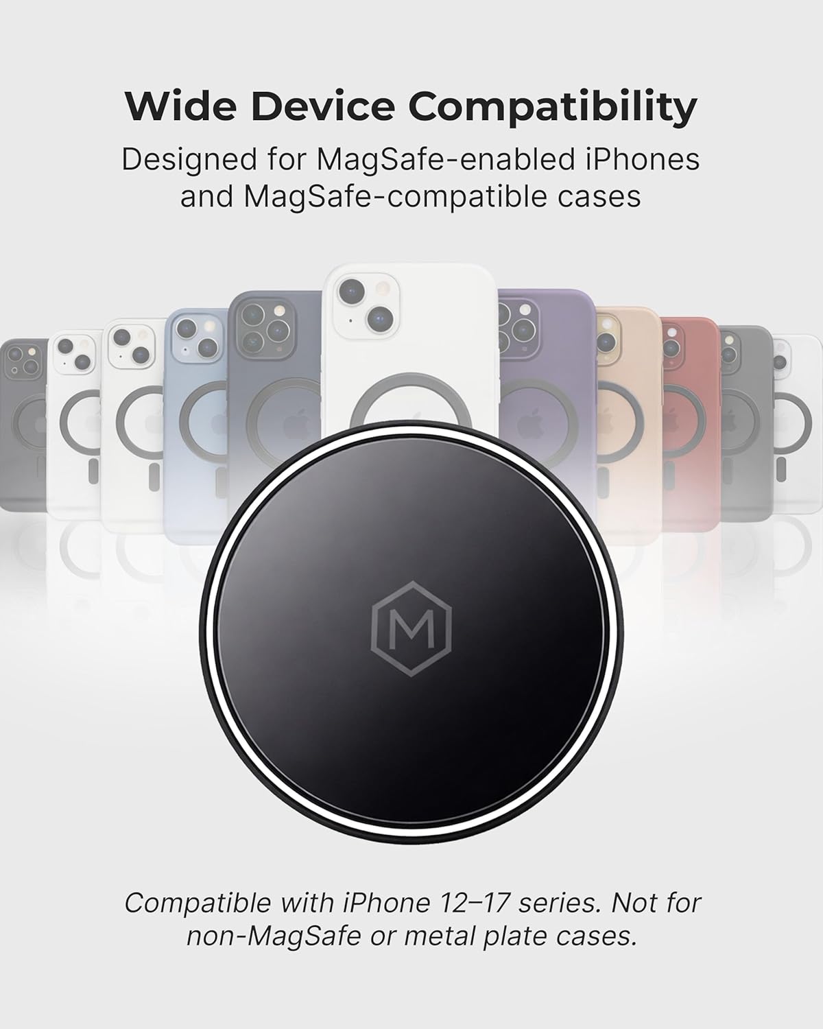 Image illustrating wide device compatibility with various iPhone models and MagSafe-compatible cases.